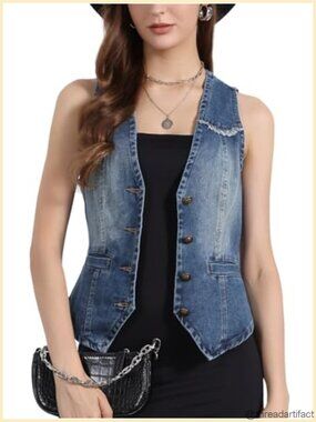 Denim Vest Sleeveless Button Down V Neck Crop Jean Waistcoat
